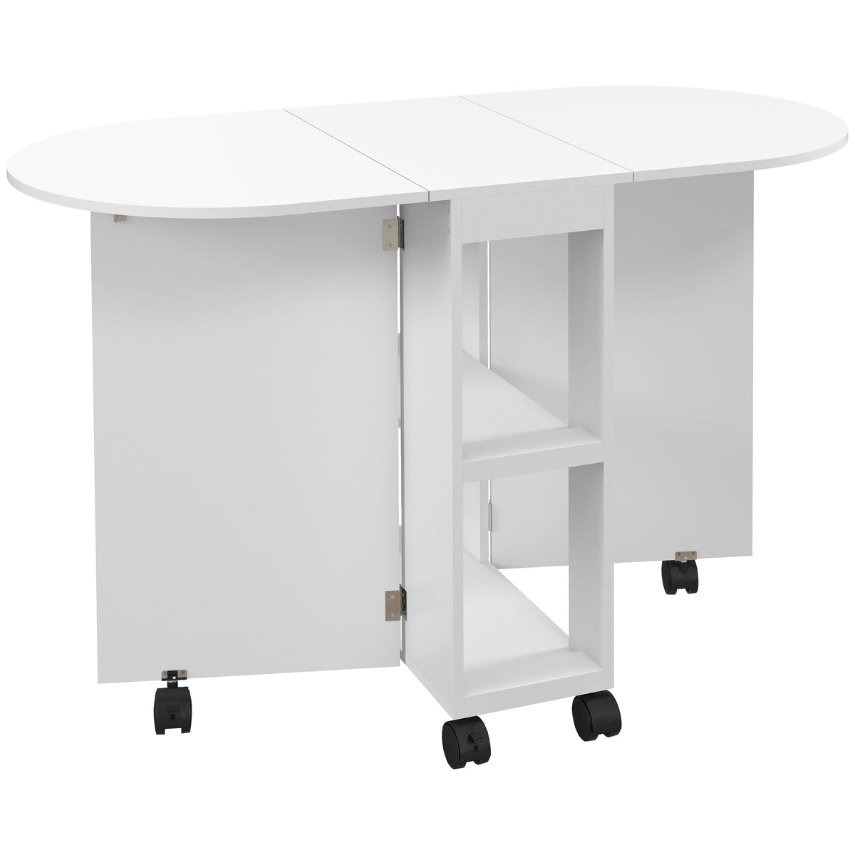 Table à manger pliante sur roulettes, table de cuisine pour 4 personnes, 2 abattants et 2 étagères, 120x60x77cm, blanc-0