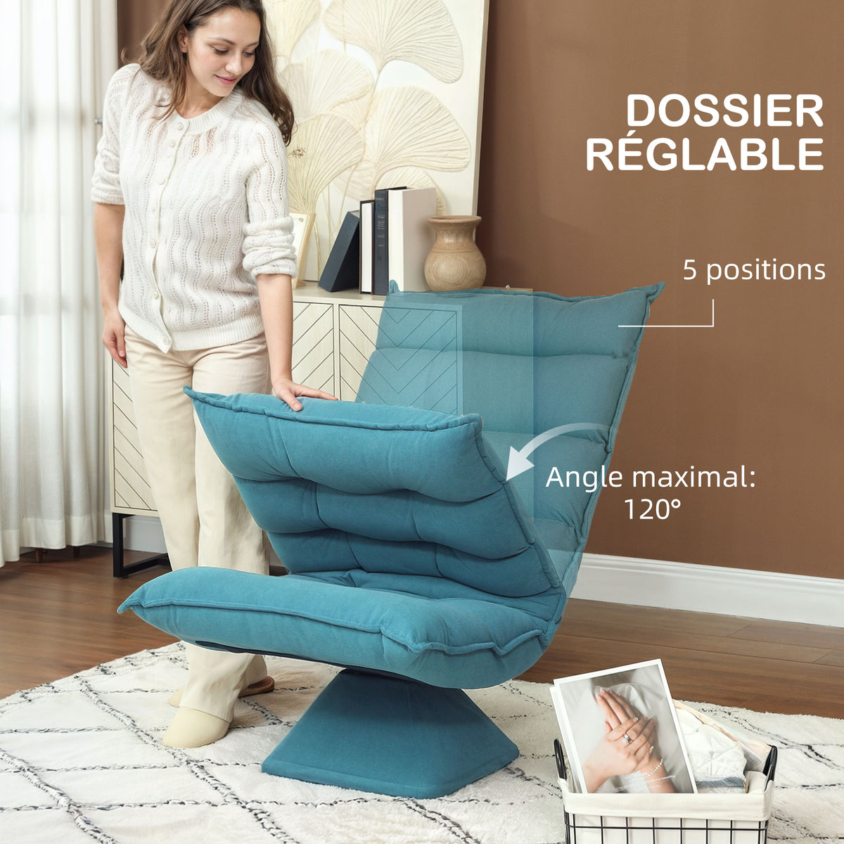 Fauteuil de sol paresseux fauteuil relax fauteuil salon design capitonné inclinaison dossier réglable pivotant 360°-3