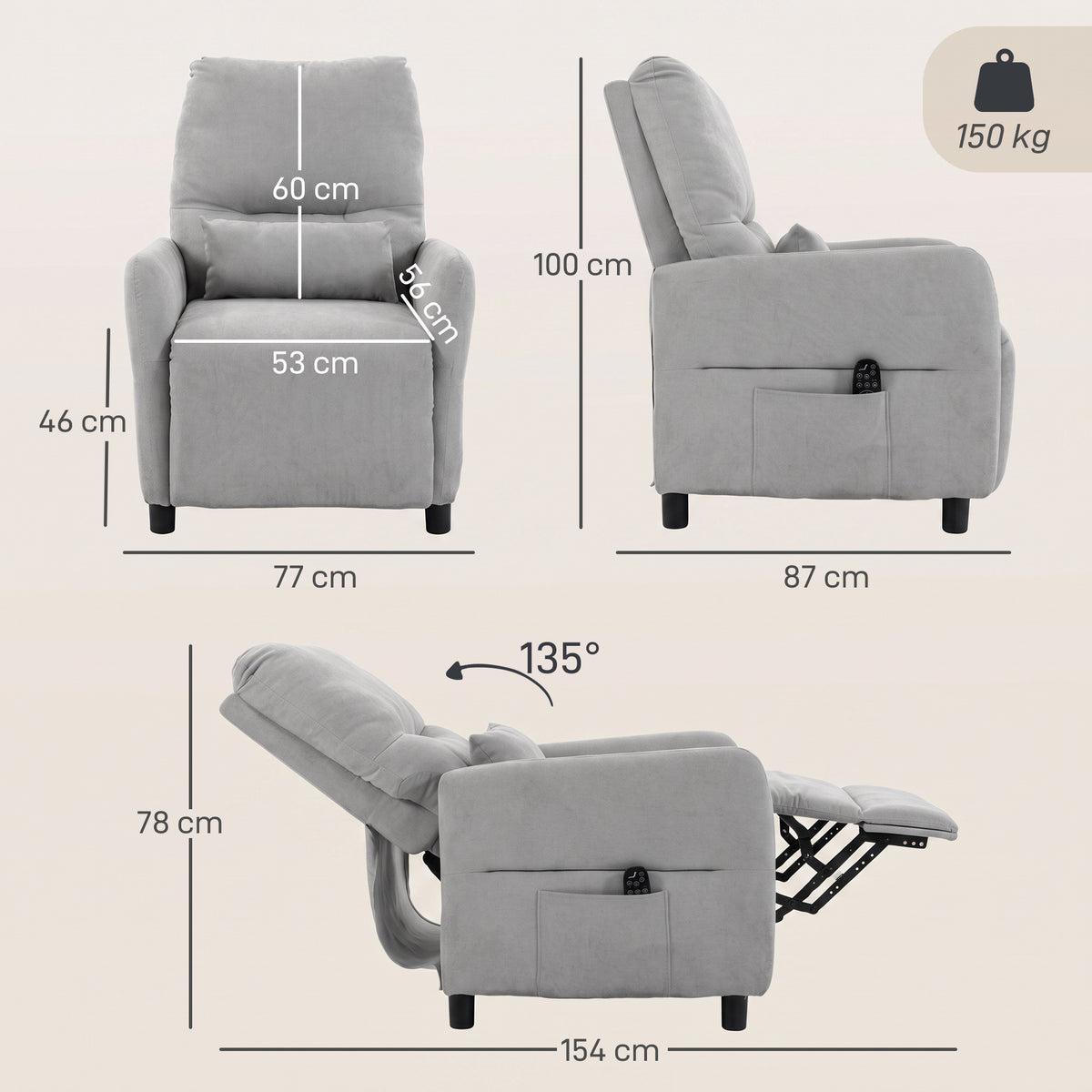 Fauteuil Inclinable de Massage par Vibration et Chauffage, Fauteuil de Relaxation en Tissu Éponge Bouclé, Gris-2
