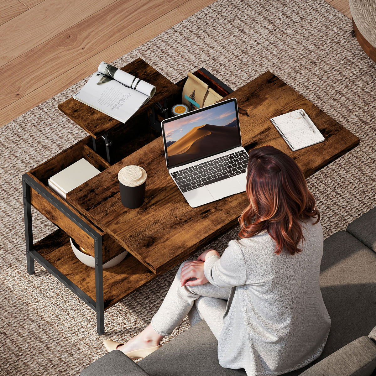 Table basse relevable et extensible, table de salon avec compartiment caché étagères ouvertes, 98x49x55cm, brun rustique-7