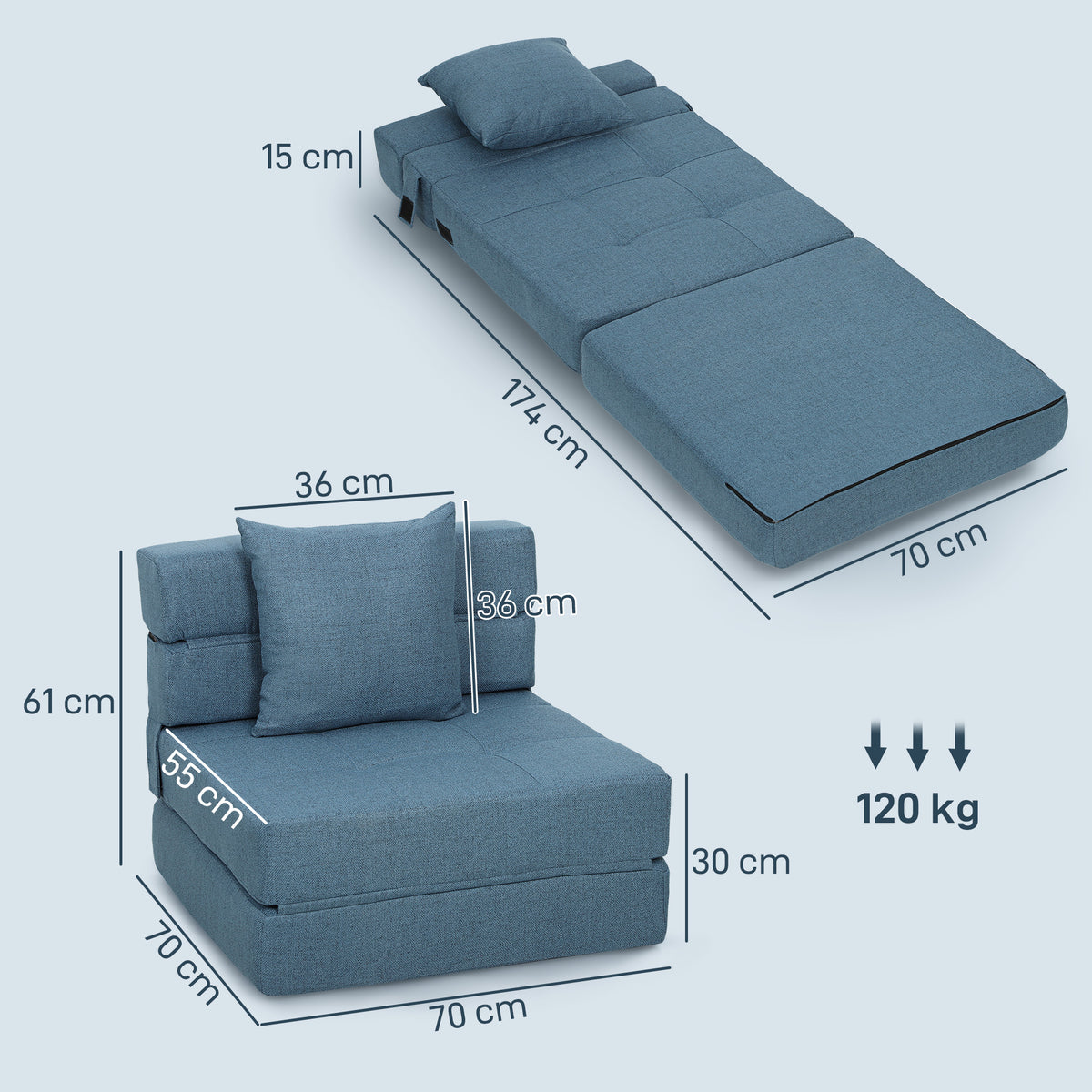 Chauffeuse canapé-lit convertible fauteuil 1 place avec 1 coussin déhoussable, tissu bleu foncé-2