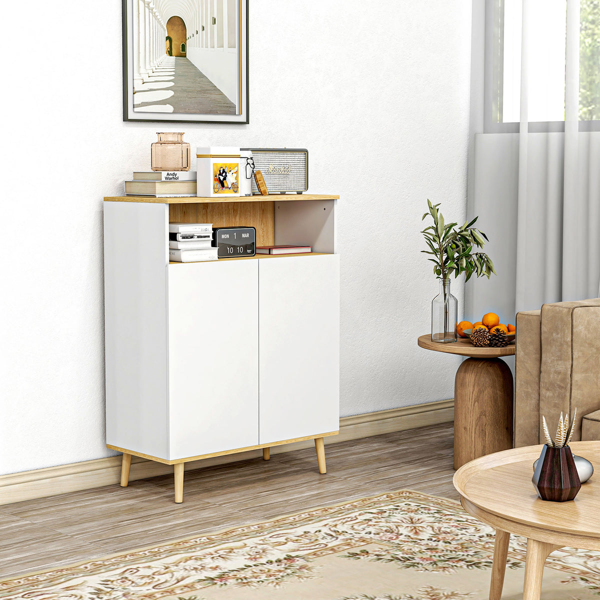 Meuble de rangement buffet sur pied scandinave placard 2 portes avec étagère intérieure blanc et aspect bois-9
