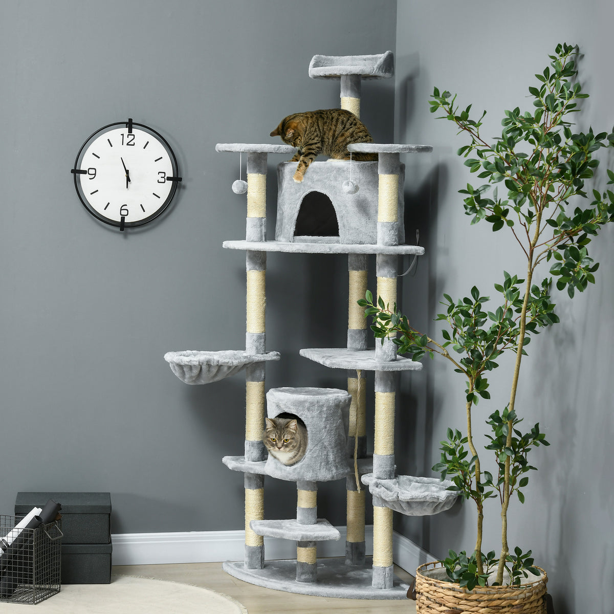 Tiragraffi XXL per gatti 200 cm con casette e amache, grigio chiaro
