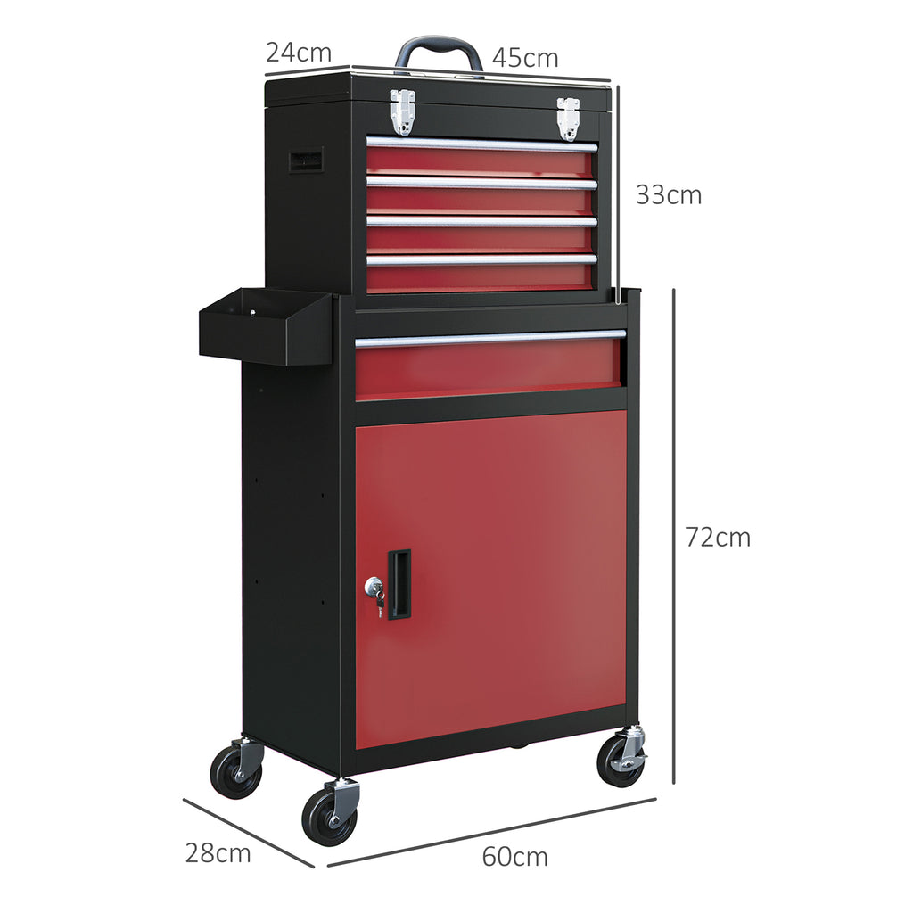 Armoire à outils verrouillable sur roulettes avec 5 tiroirs et armoire, sur roulettes pour l'atelier et la maison, rouge-2