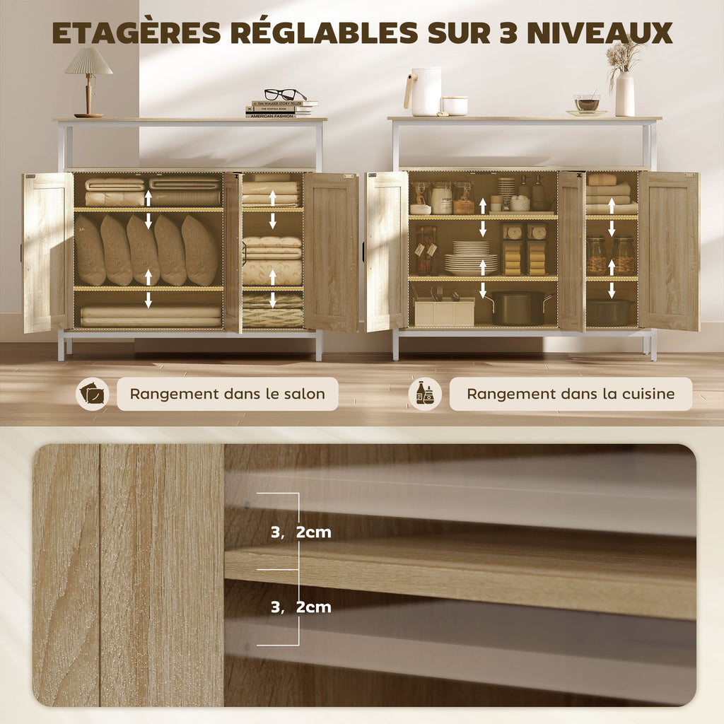 Buffet, meuble de rangement avec 3 portes, compartiment ouvert et 4 étagères réglables, 100 x 35 x 88 cm, bois naturel-4