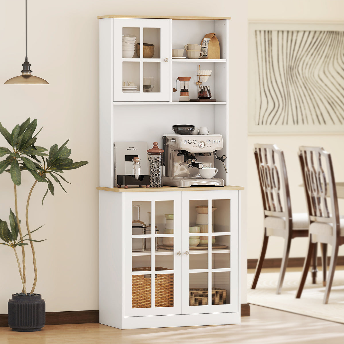Buffet cuisine, meuble cuisine rangement haut, meuble de rangement avec plan de travail, 3 portes vitrées, 2-1
