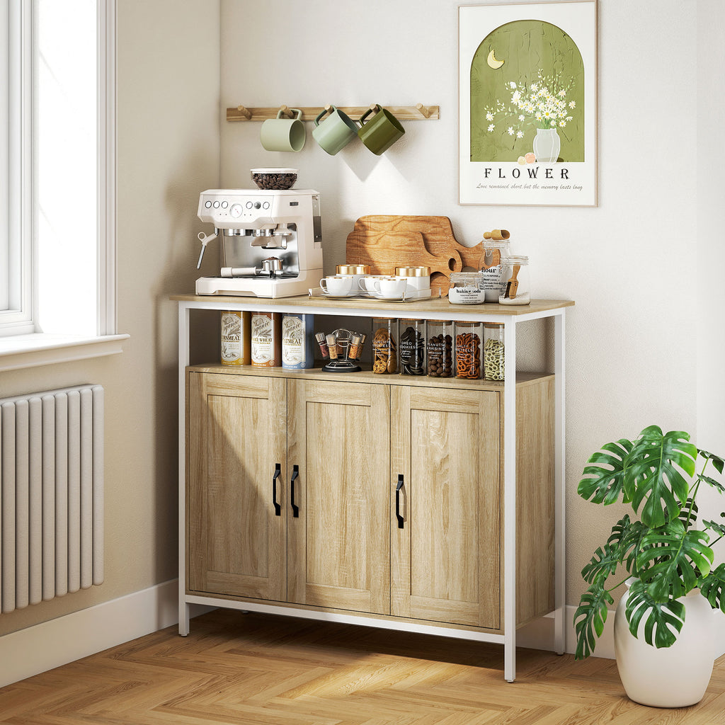 Buffet, meuble de rangement avec 3 portes, compartiment ouvert et 4 étagères réglables, 100 x 35 x 88 cm, bois naturel-9
