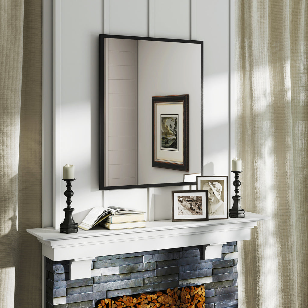 Miroir mural rectangulaire 90 x 70 cm, cadre en bois noir, idéal pour la salle de bain, salon ou chambre-8