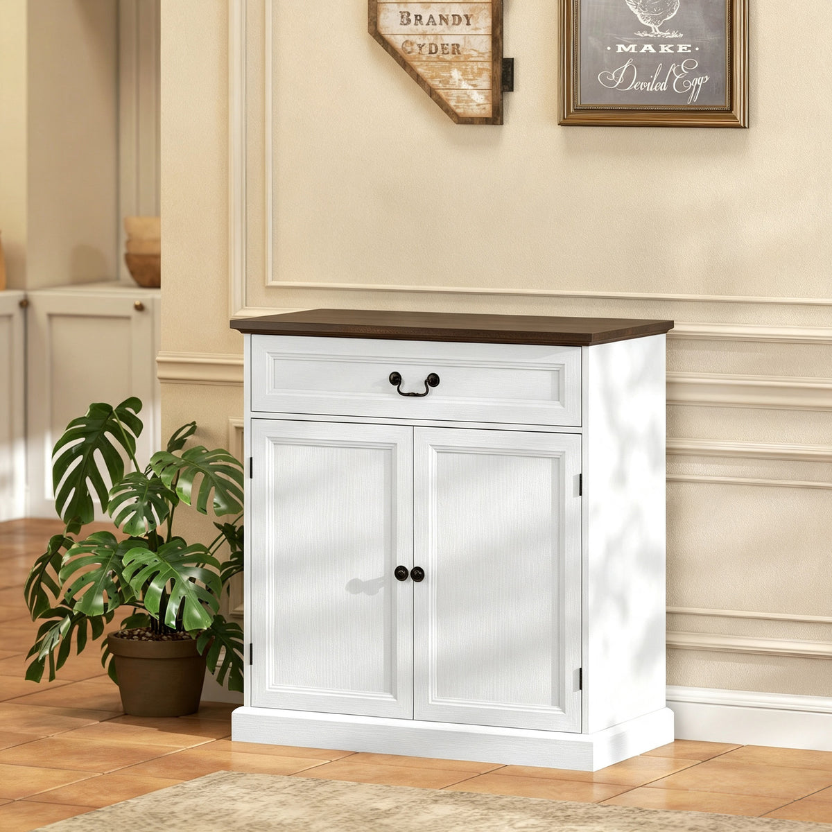 Buffet salon, meuble de rangement avec 2 portes, tiroir silencieux, étagère réglable, 80x40x85cm, blanc et marron-1
