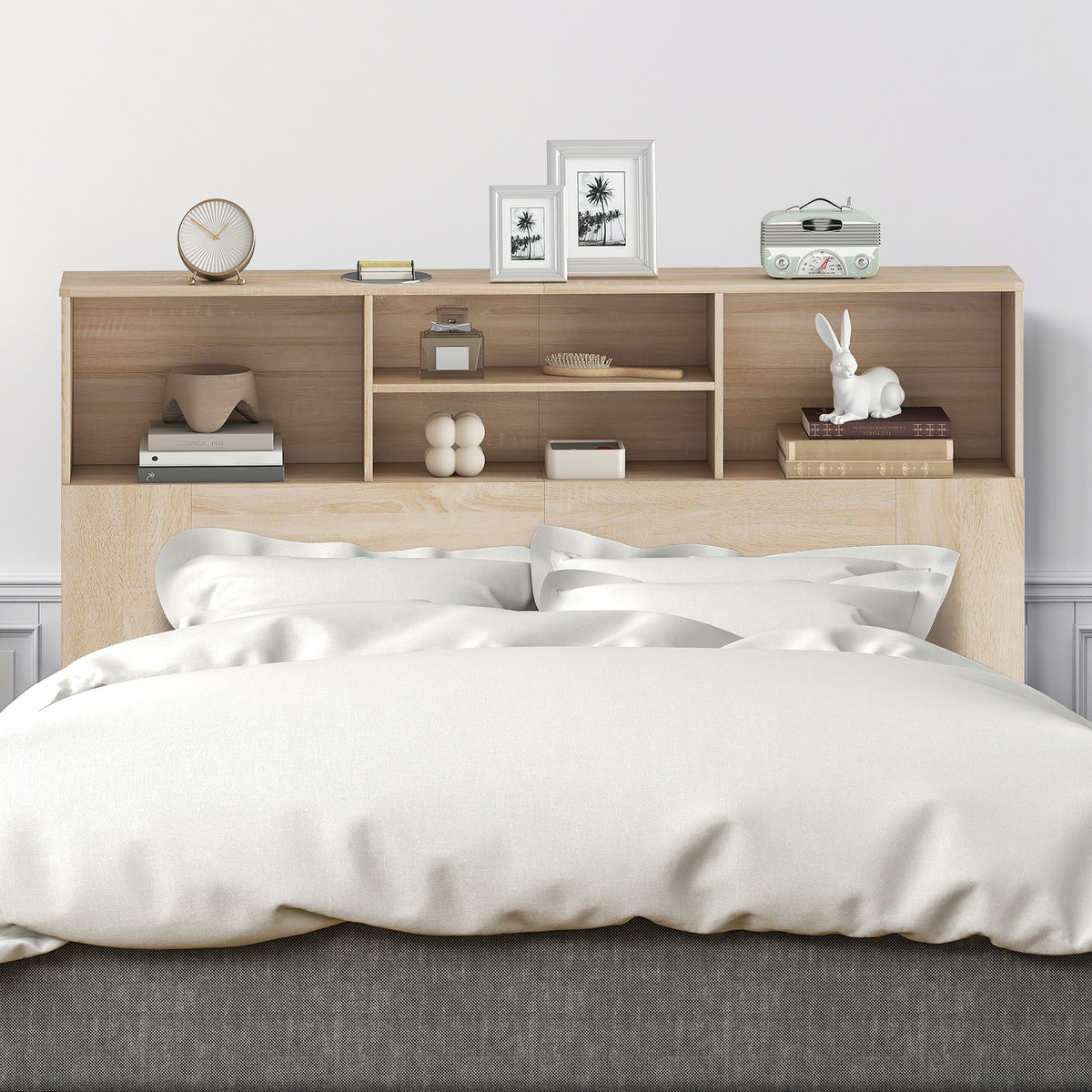 Tête de lit sur pied avec rangements, accessoire de lit 4 compartiments ouverts, 140 x 19 x 103,5 cm, effet bois naturel-5