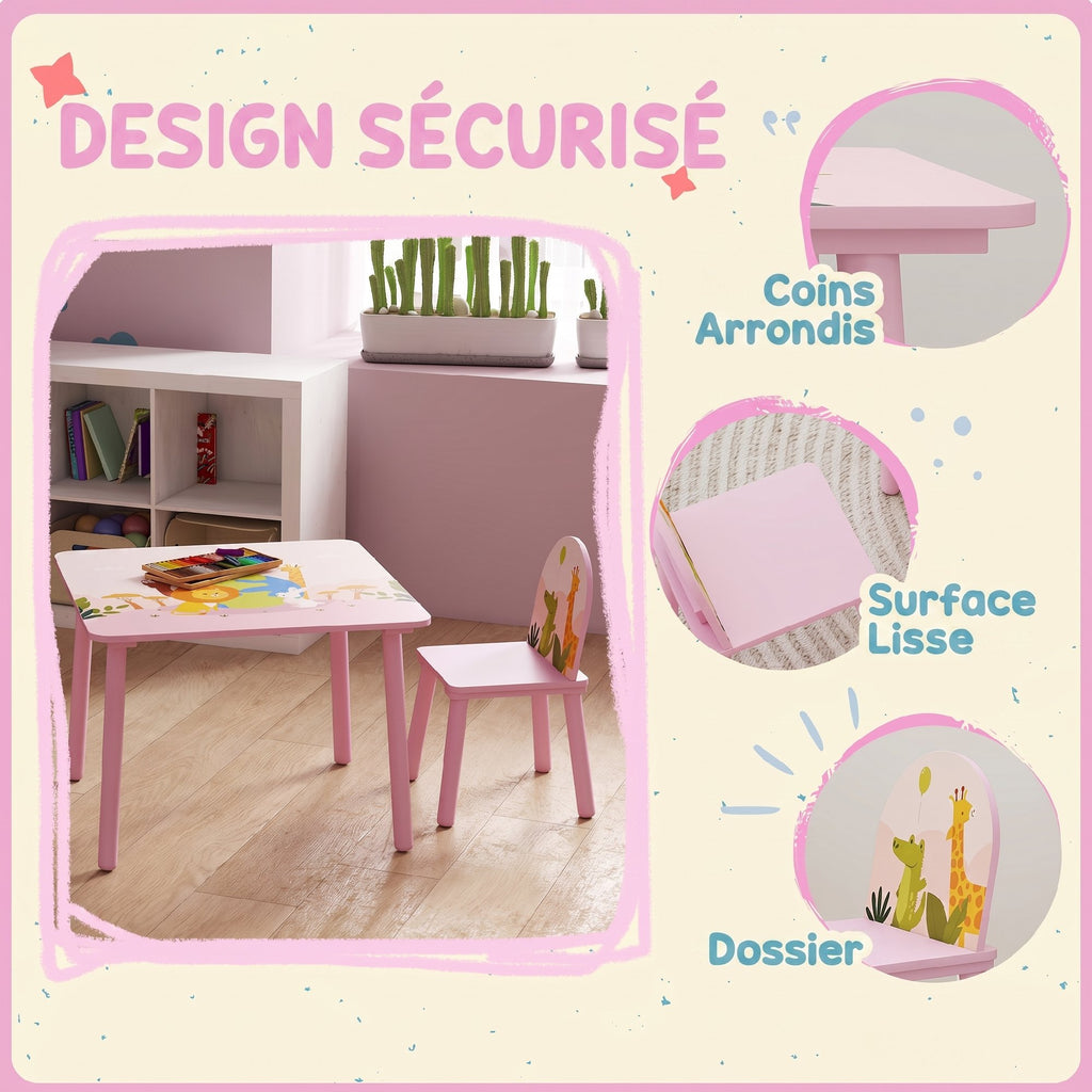 Table enfant avec chaise, ensemble table et 2 chaises en bois pour dessiner, jouer, étudier, rose-4