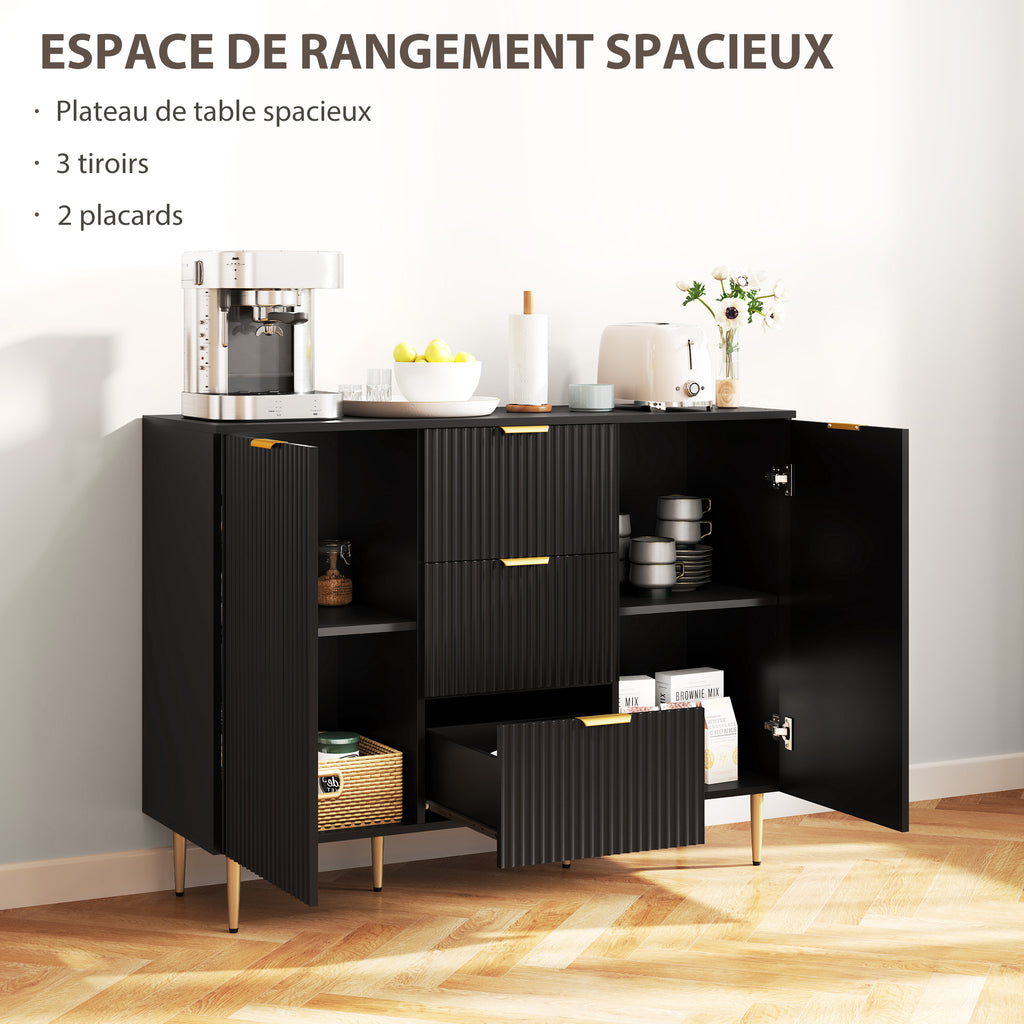 Buffet meuble cuisine rangement avec 3 tiroirs, étagères réglables, placards à portes cannelées, 120 x 40 x 90 cm, noir-3