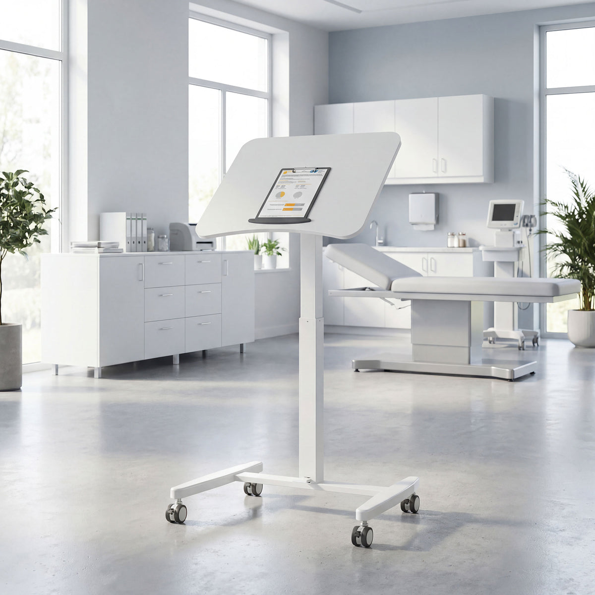 Bureau Debout Réglable en Hauteur, Plateau Inclinable, Roulettes et Cadre en Acier, 60,5 x 52 x 75-114 cm, Blanc-7