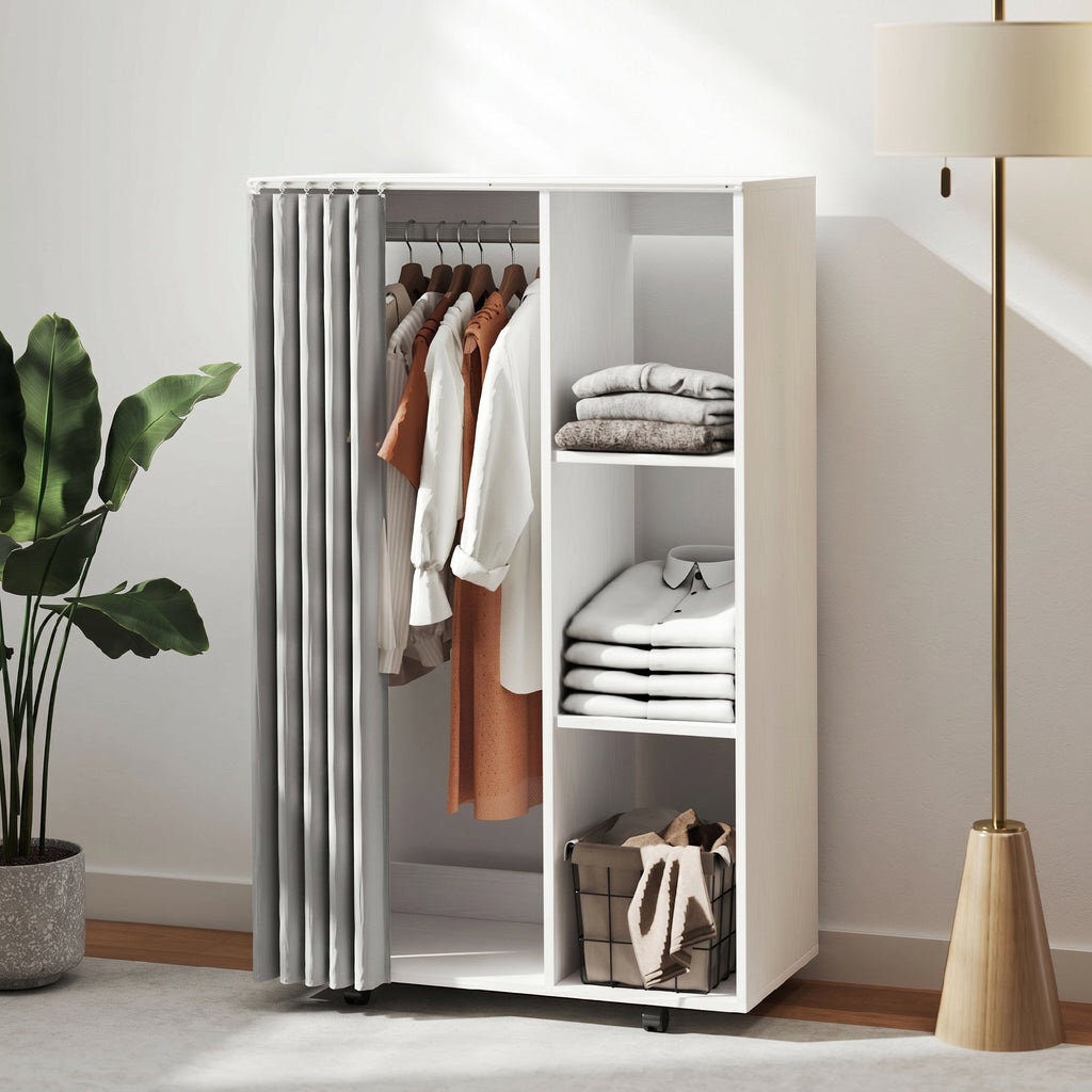 Armoire penderie vêtement dressing mobile 4 roulettes avec tringle à vêtements et étagères ouvertes, blanc-6