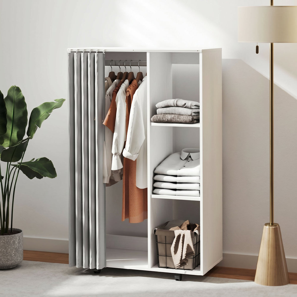 Armoire penderie vêtement dressing mobile 4 roulettes avec tringle à vêtements et étagères ouvertes, blanc-6