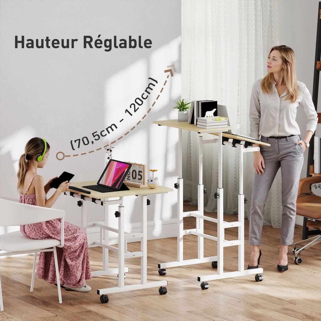 Bureau assis debout bureau réglable en hauteur 60 x 60 cm à roulettes avec plateau inclinable cadre en métal naturel-3