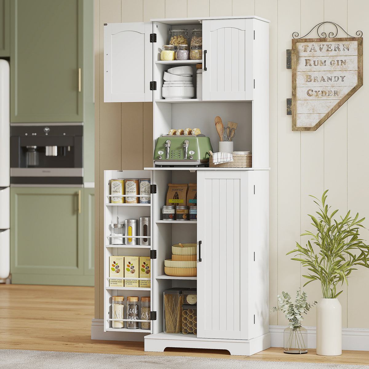 Buffet haut cuisine armoire de cuisine, 4 portes plan de travail 8 porte-épices étagères réglables 60x40x181,5cm blanc-1