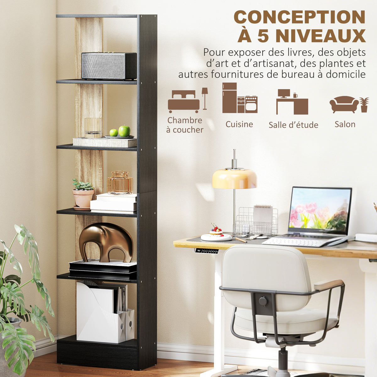 Bibliothèque Étagère de Rangement avec 5 Compartiments Ouverts 45 x 21 x 170 cm Noir et Chêne-5