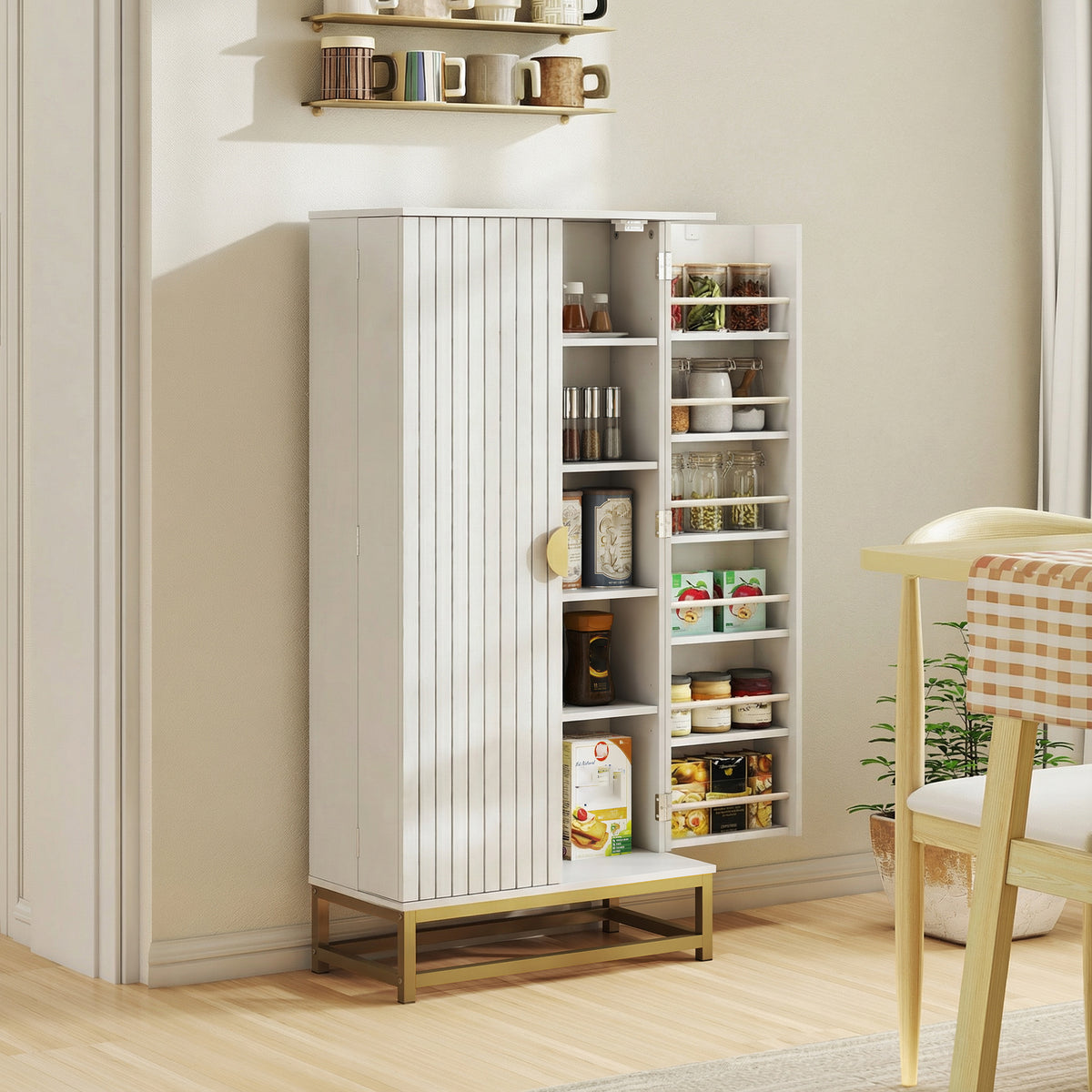 Armoire de cuisine meuble cuisine rangement avec 12 étagères à portes, étagères ajustables, 58x29x119,5cm, blanc-9