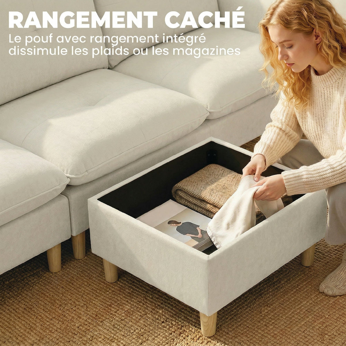 Canapé 3 places avec pouf de rangement, canapé d'angle modulable 210 cm, assise large, tissu aspect lin, crème-4