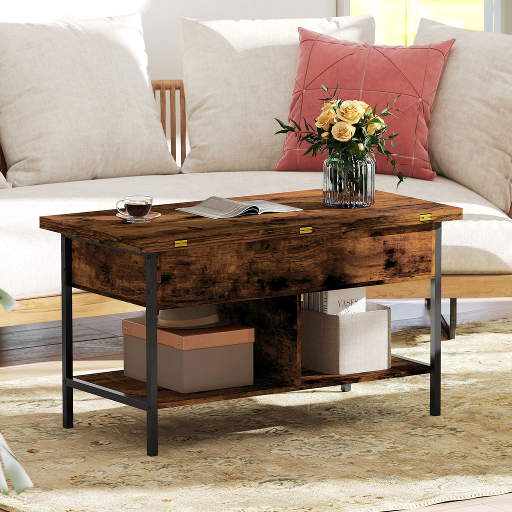 Table basse relevable et extensible, table de salon avec compartiment caché étagères ouvertes, 98x49x55cm, brun rustique-8
