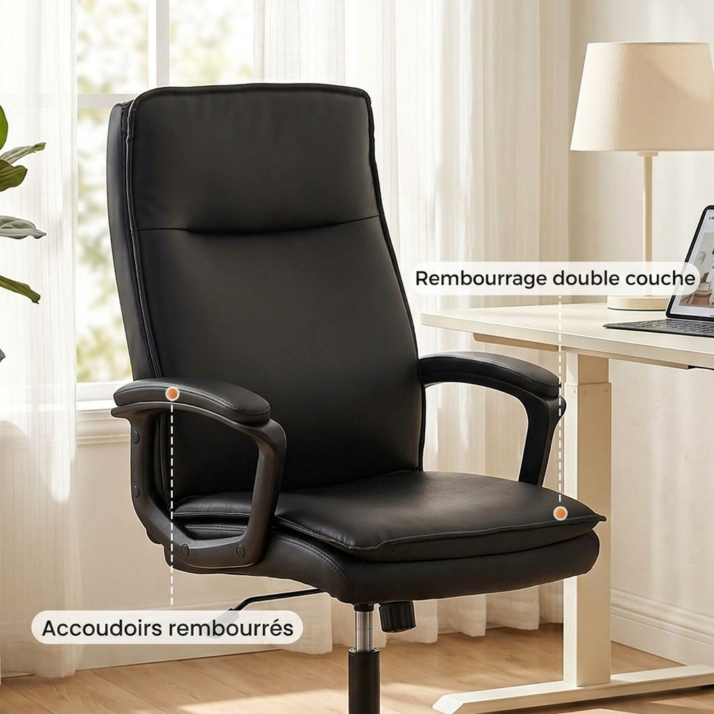 Chaise bureau ergonomique, fauteuil de bureau en PU, hauteur réglable, fonction bascule, pivotante 360°, noir-6