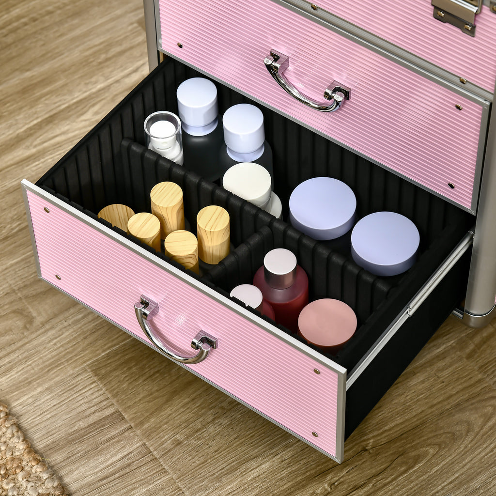 Valise trolley maquillage mallette cosmétique vanity poignée télescopique réglable 36L x 23l x 58H cm alu ABS rose-6