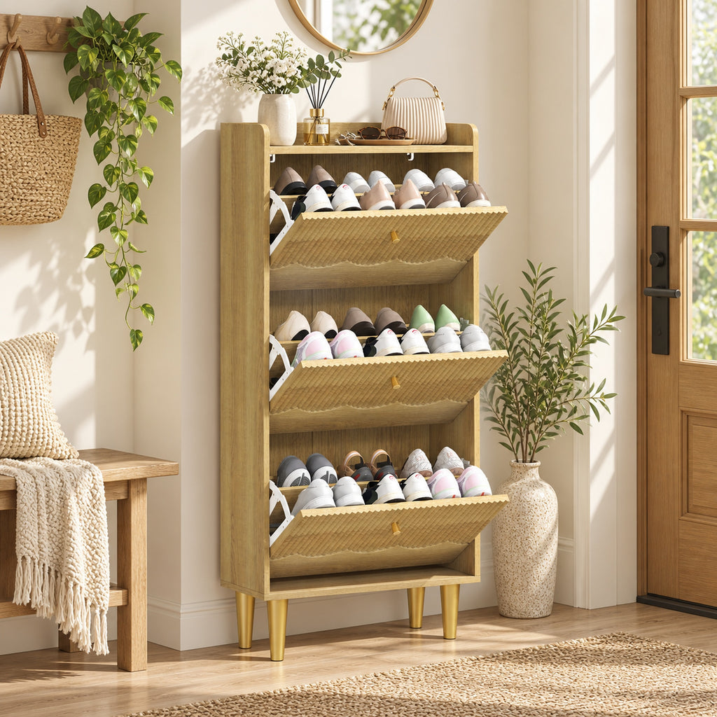Meuble à chaussures 18 paires, armoire à chaussures étroite, 3 tiroirs rabattables étagères réglables, 60x24x128cm, chêne-9