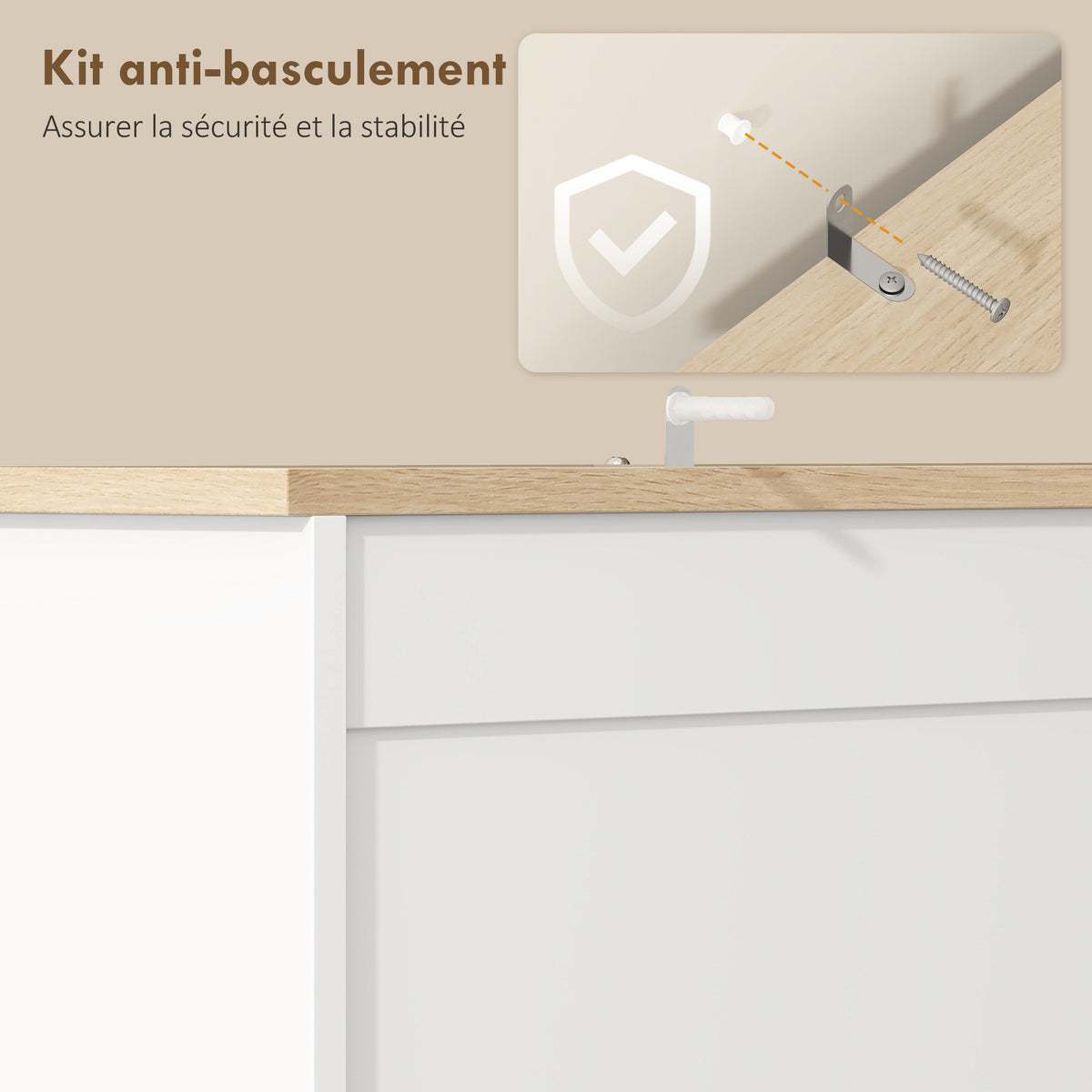 Buffet Haut Cuisine, Armoire Cuisine avec 3 Portes, 2 Tiroirs, Plan de Travail, Compartiments Ouverts, Blanc-6