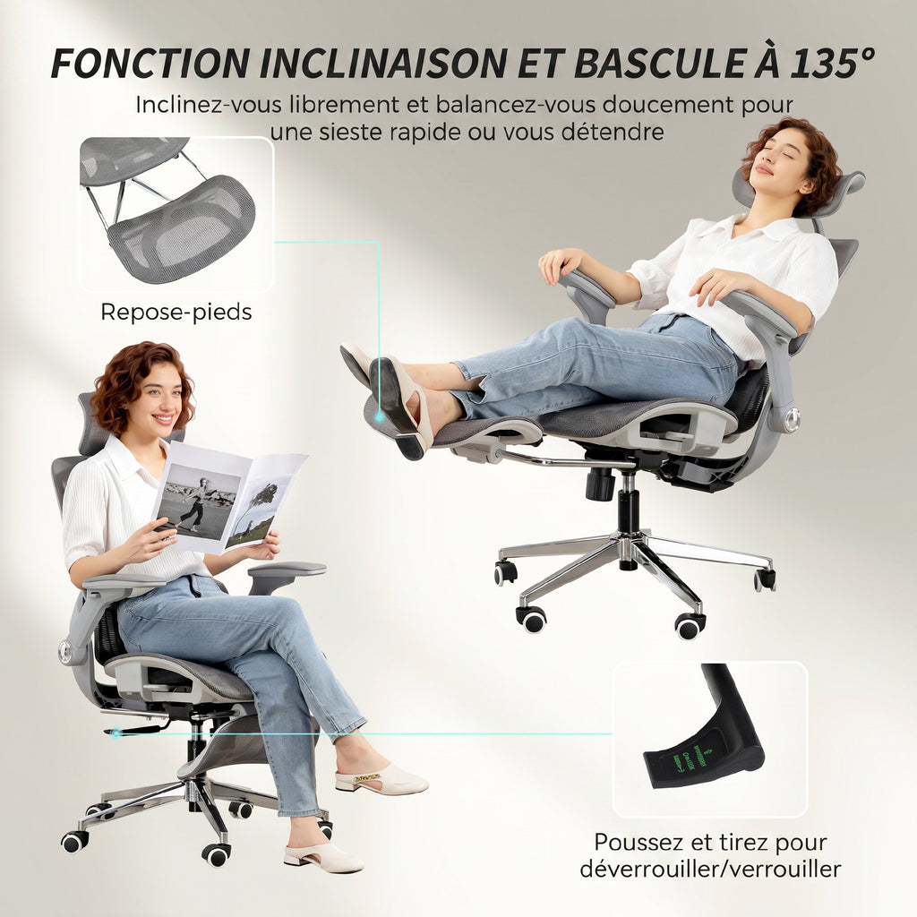 Chaise Bureau Ergonomique avec Accoudoirs 4D Appui-Tête et Profondeur d'Assise Réglables Maille Gris-9