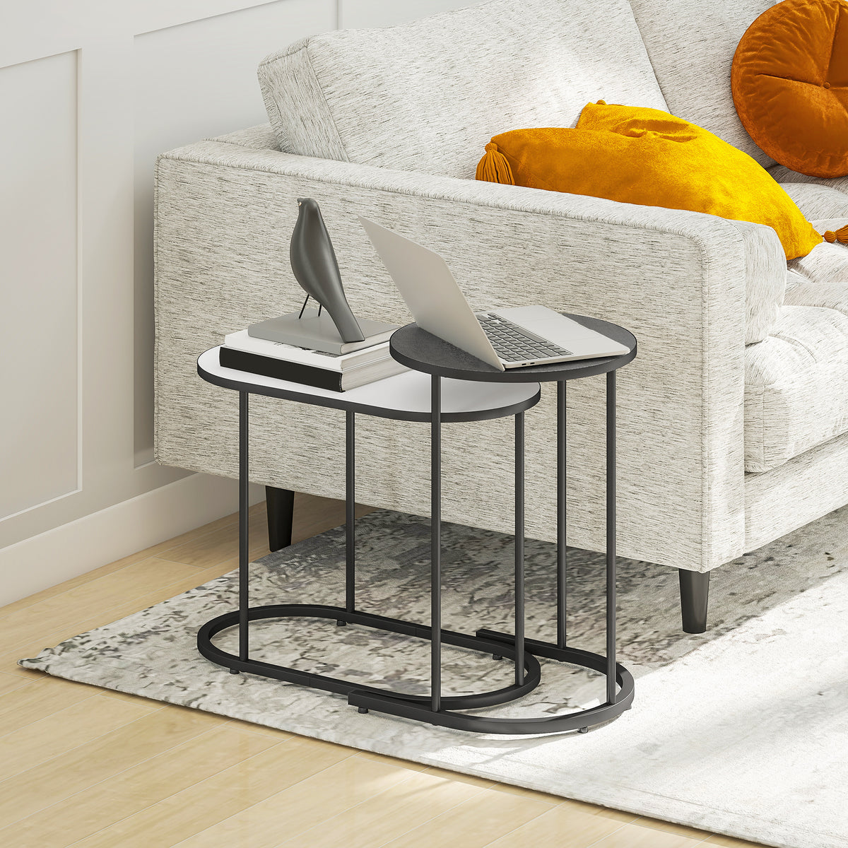 Lot de 2 tables basses gigognes, tables d'appoint empilable style contemporain, cadre en métal gris et blanc-5