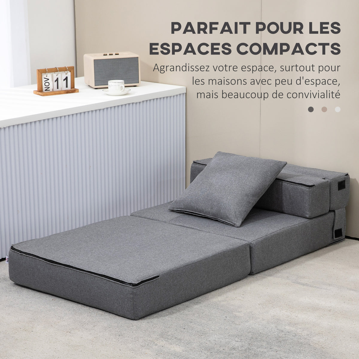 Chauffeuse canapé-lit convertible fauteuil 1 place avec 1 coussin déhoussable, tissu gris-5