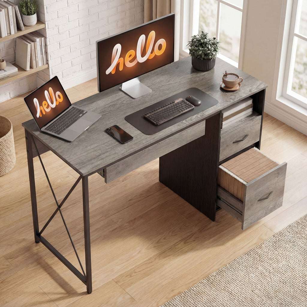 Bureau d'ordinateur, 120×50cm, bureau avec rangement, plateau clavier, compartiment ouvert et 2 tiroirs, gris-8
