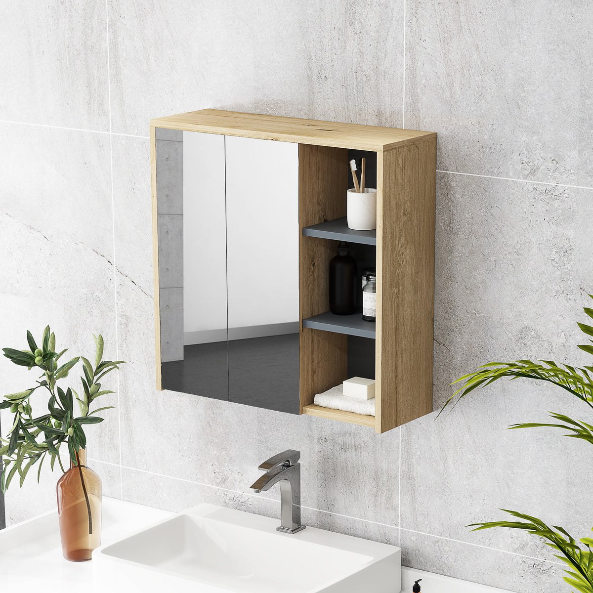 Armoire de salle de bain avec miroir armoire de toilette miroir mural 3 étagères ouverts 60 x 20 x 60 cm bois naturel-7