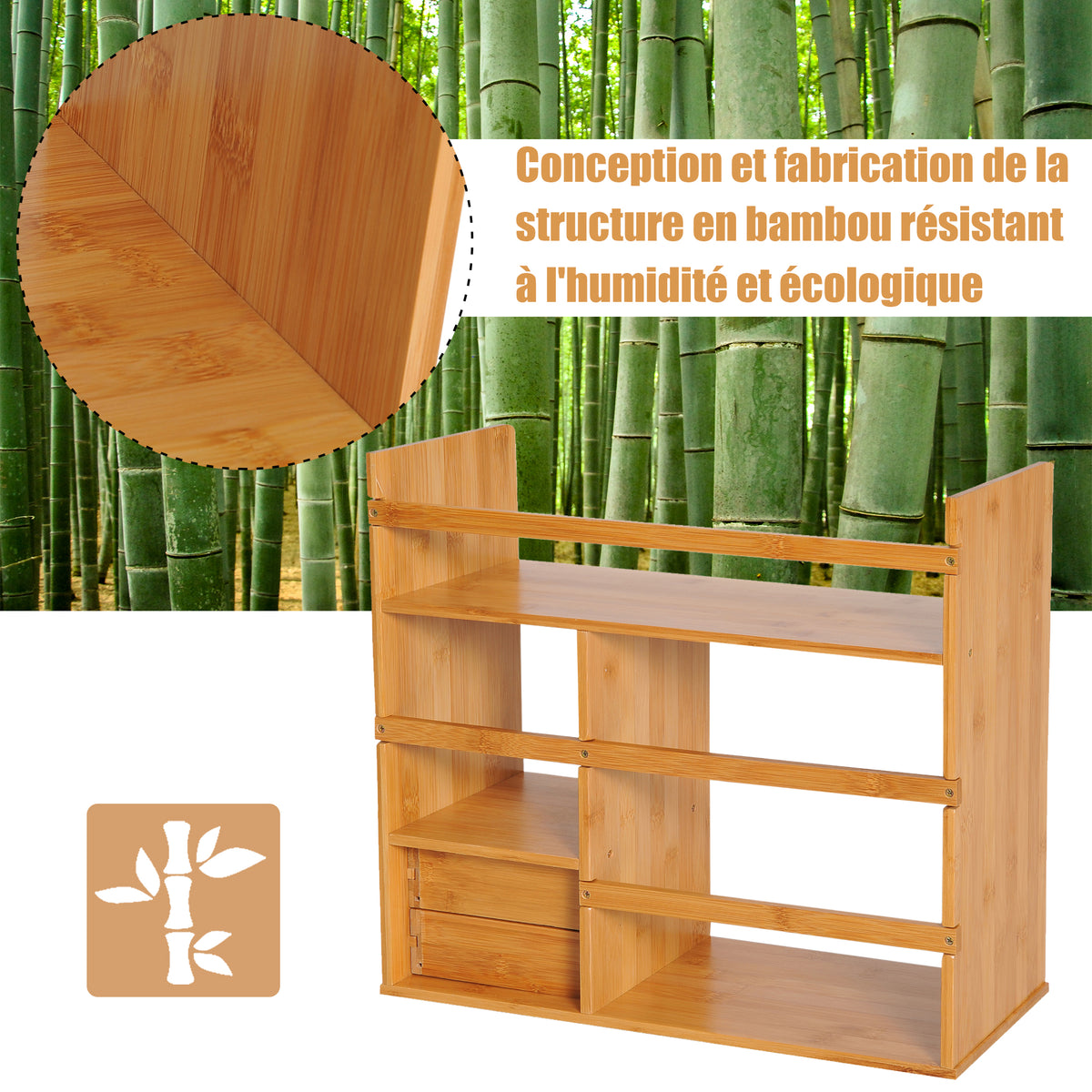 Étagère Livre Bureau Bibliothèque Stockage Organisateur Bureau Cuisine Salle de Bain Bois de Bambou Naturel-6