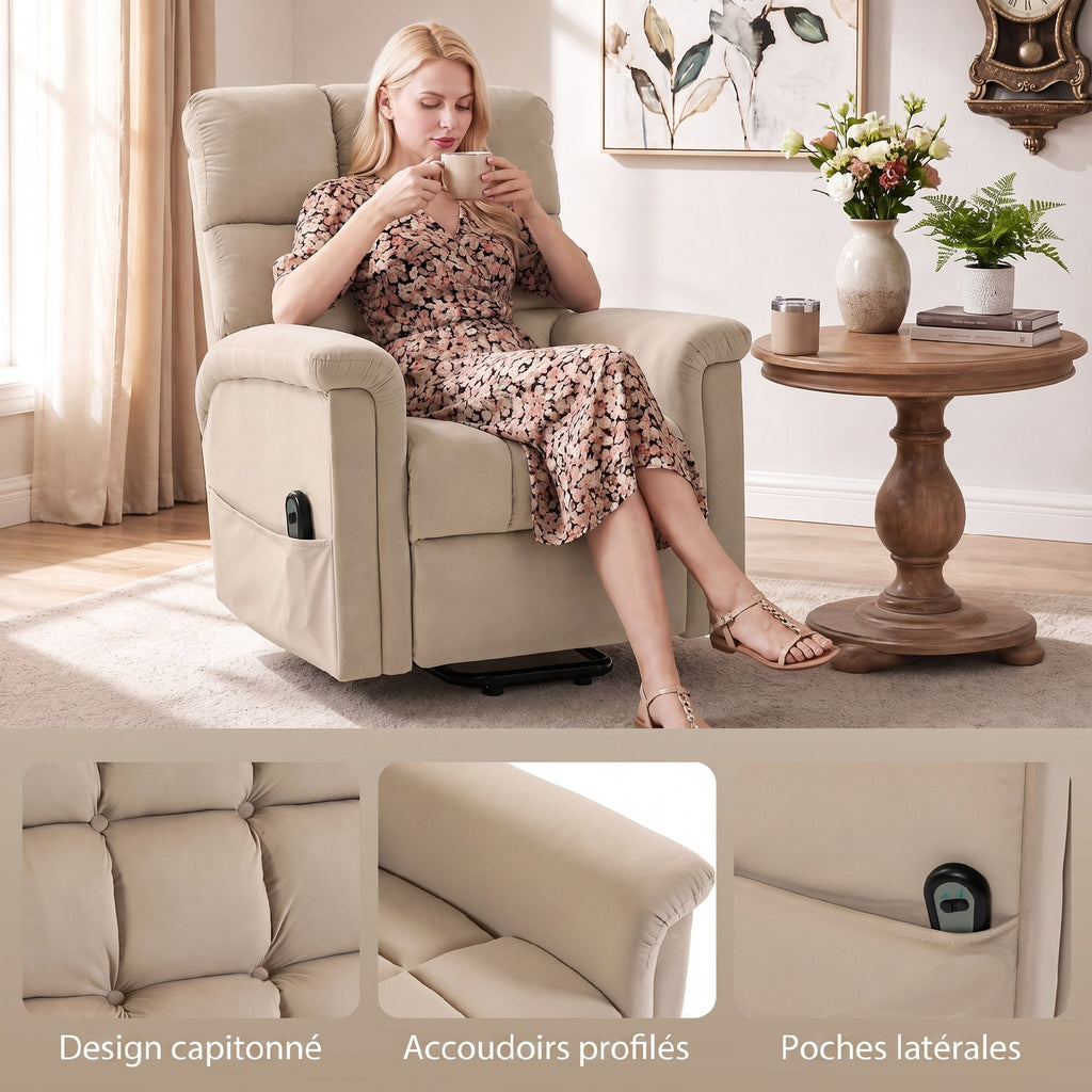 Fauteuil Releveur Électrique, Fauteuil Relax Électrique en Velours avec Dossier Inclinable, Télécommande, Marron-6