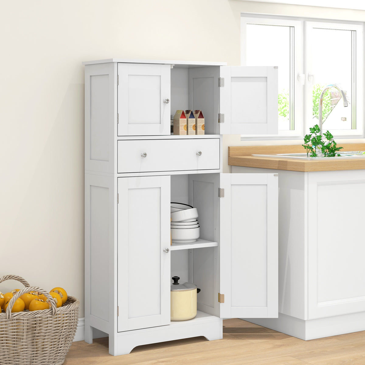 Armoire de cuisine buffet cuisine avec placards, étagères réglables, tiroir, 60 x 30 x 128 cm, blanc-1