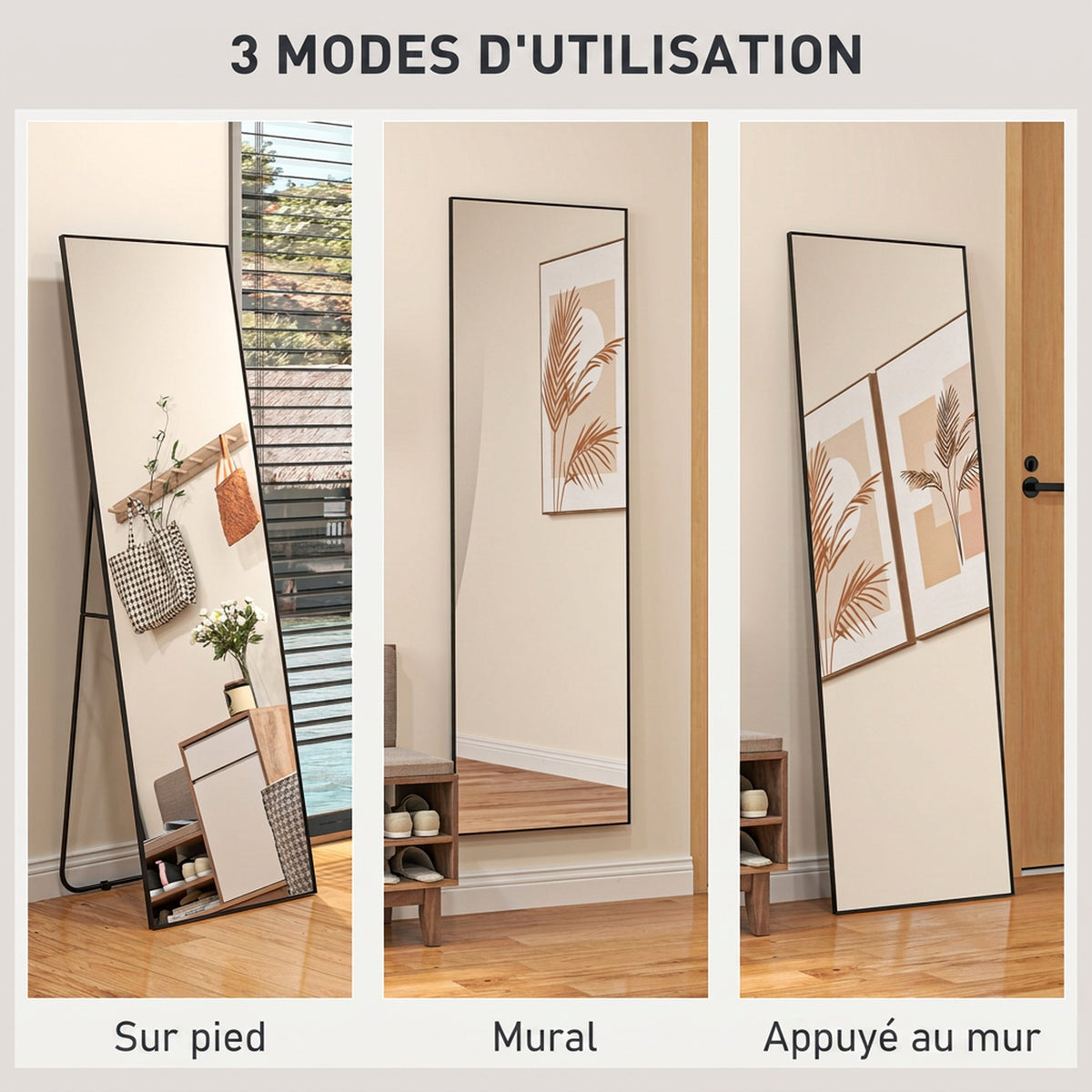Grand miroir pleine longueur rectangulaire, 50 x 160 cm, miroir sur pied, mural ou pocé contre mur, noir-5