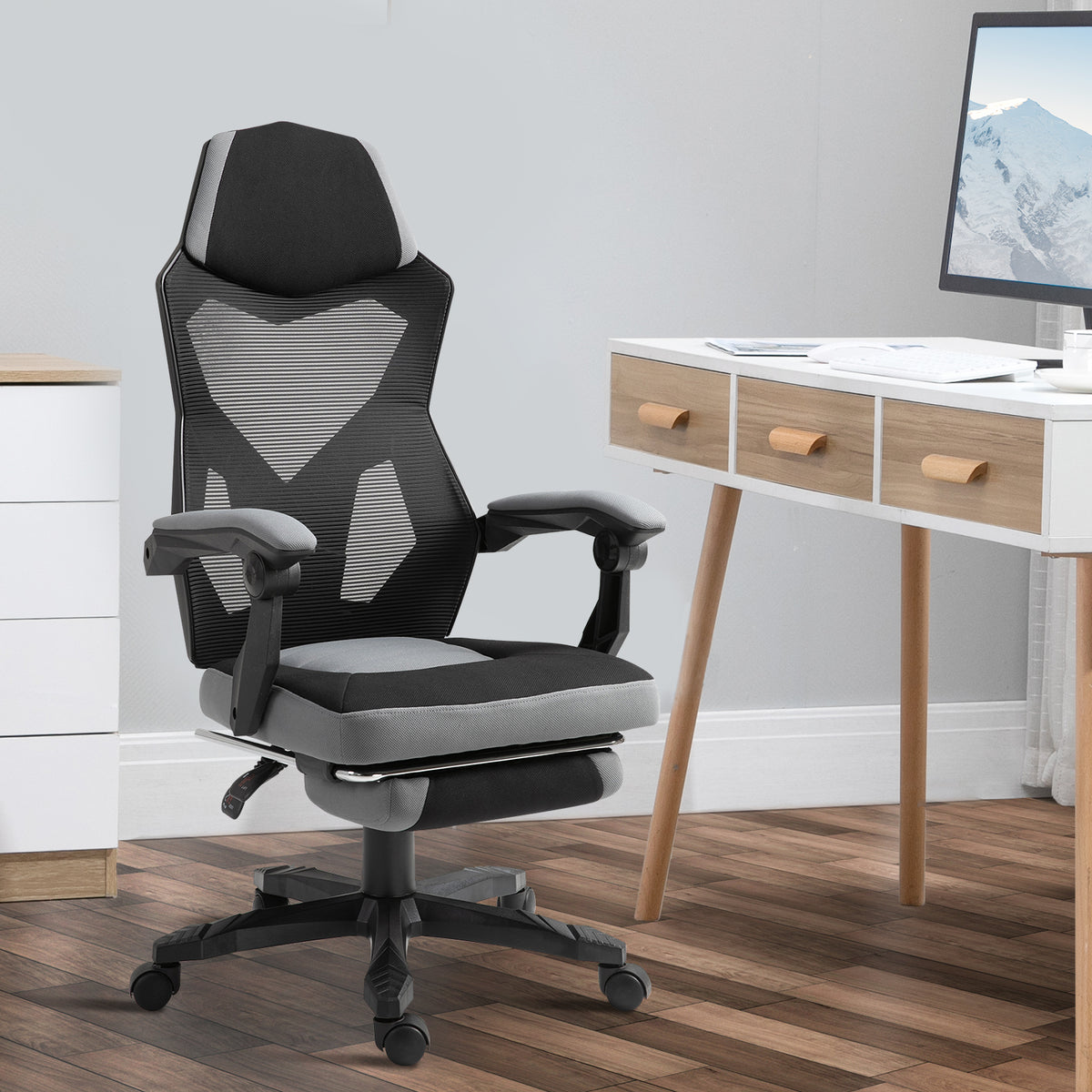 Chaise de bureau fauteuil gaming hauteur réglable dossier roulettes pivotantes repose-pied tissu en maille 58L x 63l x 112-122H cm gris noir-7