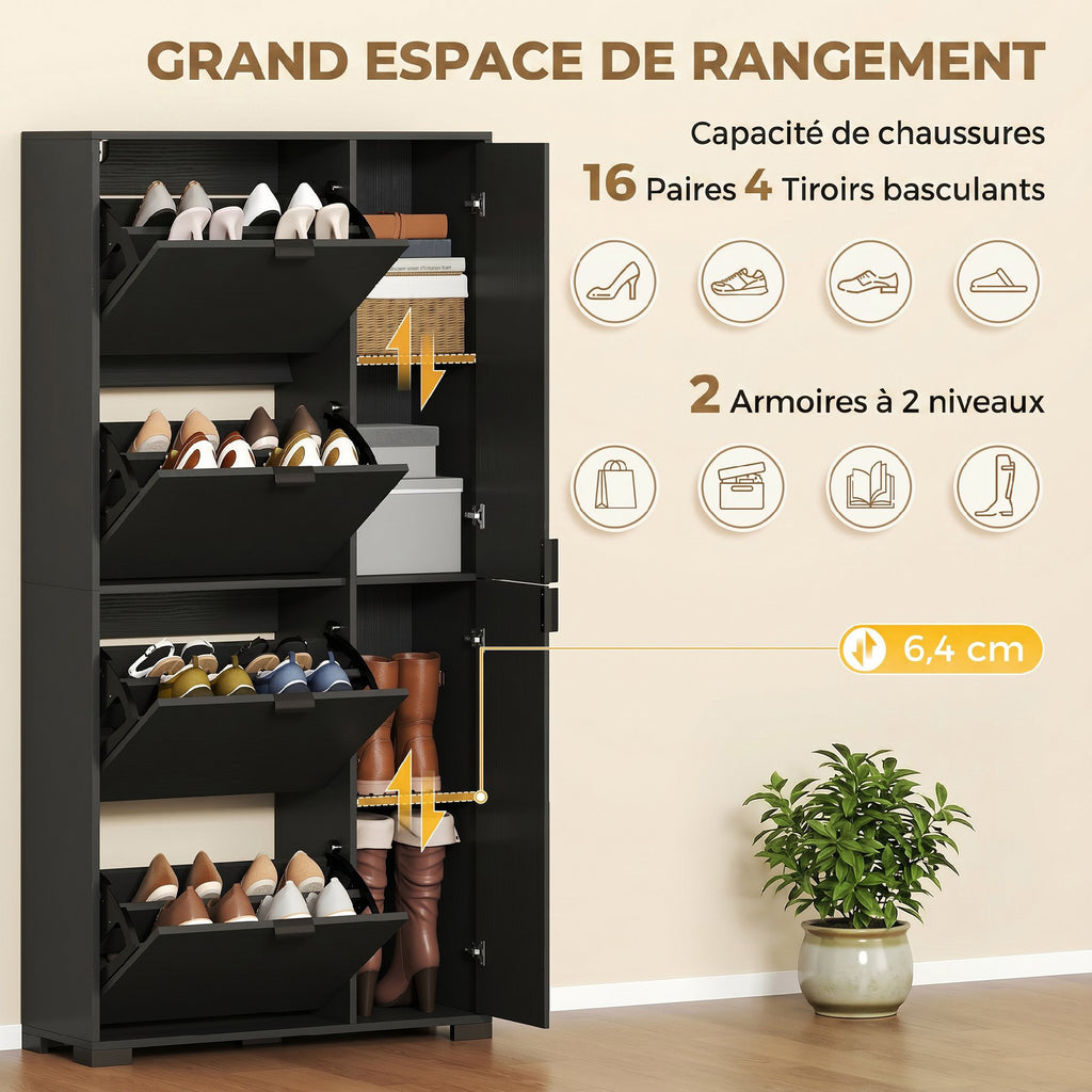 Meuble à chaussures 16 paires armoire à chaussures 4 tiroirs rabattables 2 portes en miroir étagères réglables noir-4