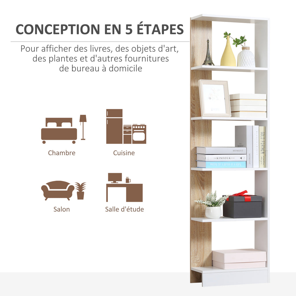 Bibliothèque Étagère de Rangement avec 5 Compartiments Ouverts Design Simple Moderne Blanc et Chêne-5