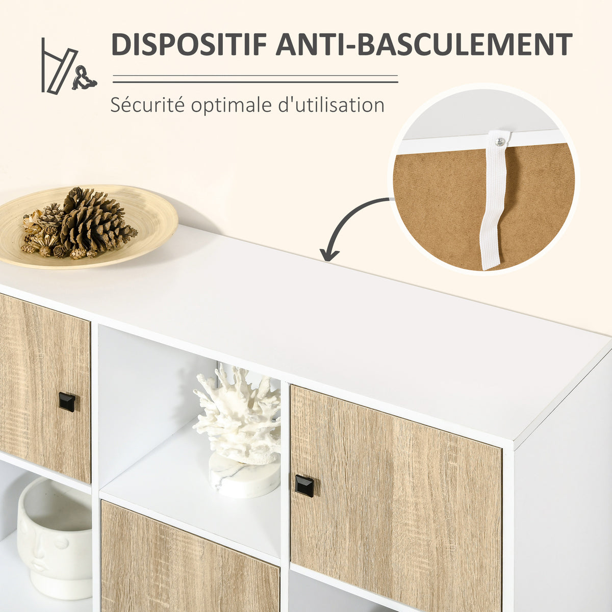 Buffet Salon, Meuble de Rangement 9 Cubes avec 3 Portes et 3 Compartiments Ouverts, Pieds en Bois de Pin, Style Moderne, Buffet Salle à Manger, Cuisine, 96x30x75cm, Blanc et Naturel-4