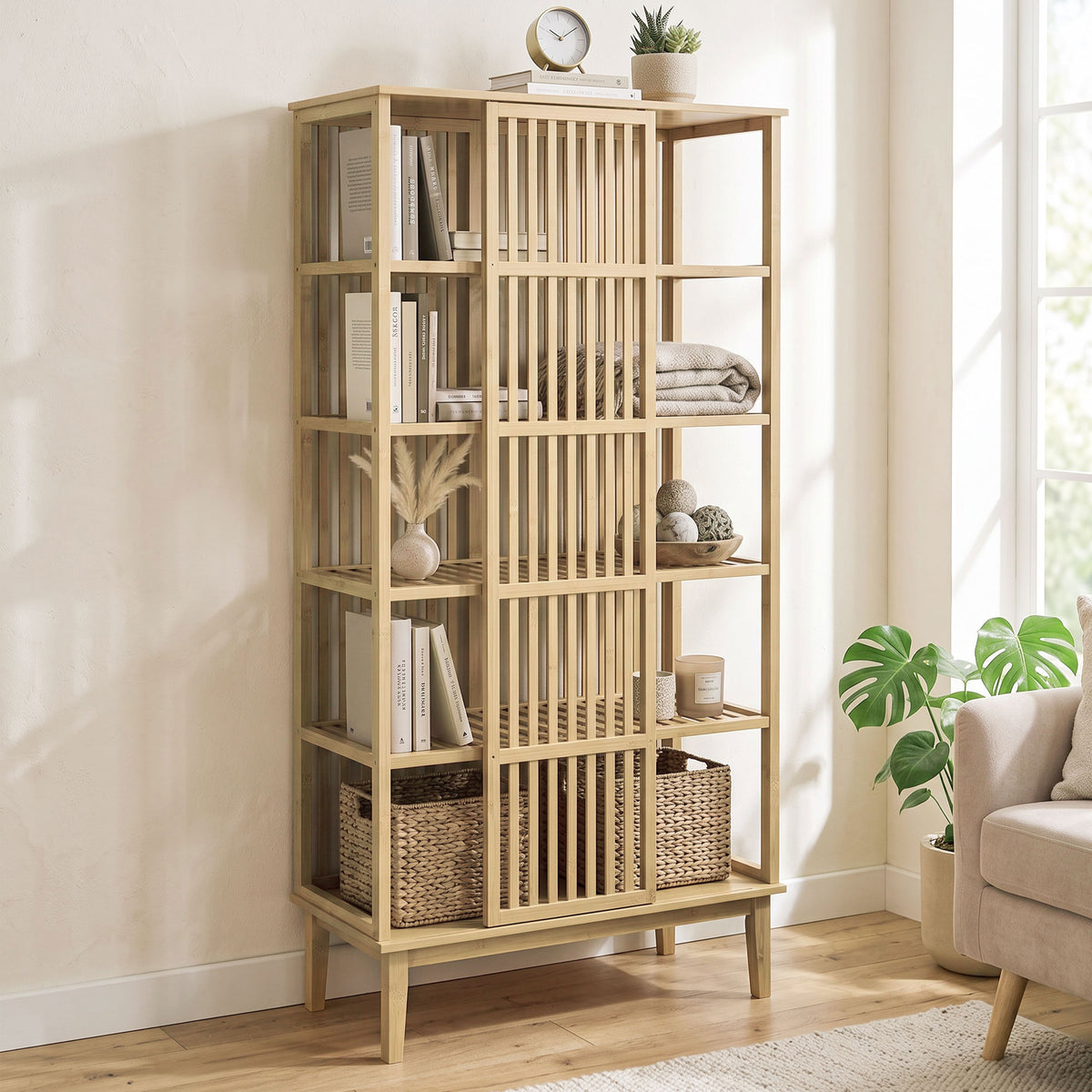 Armoire Chambre Penderie en Bambou 5 Niveaux avec Porte Coulissante, Design Aéré à Lattes, Bois Naturel-9
