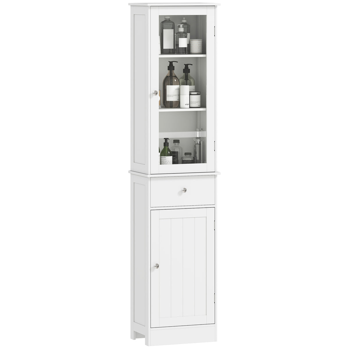 Meuble Colonne de Salle de Bain Placard Porte Acrylique 2 étagères Placard Porte 1 étagère tiroir MDF Blanc-0
