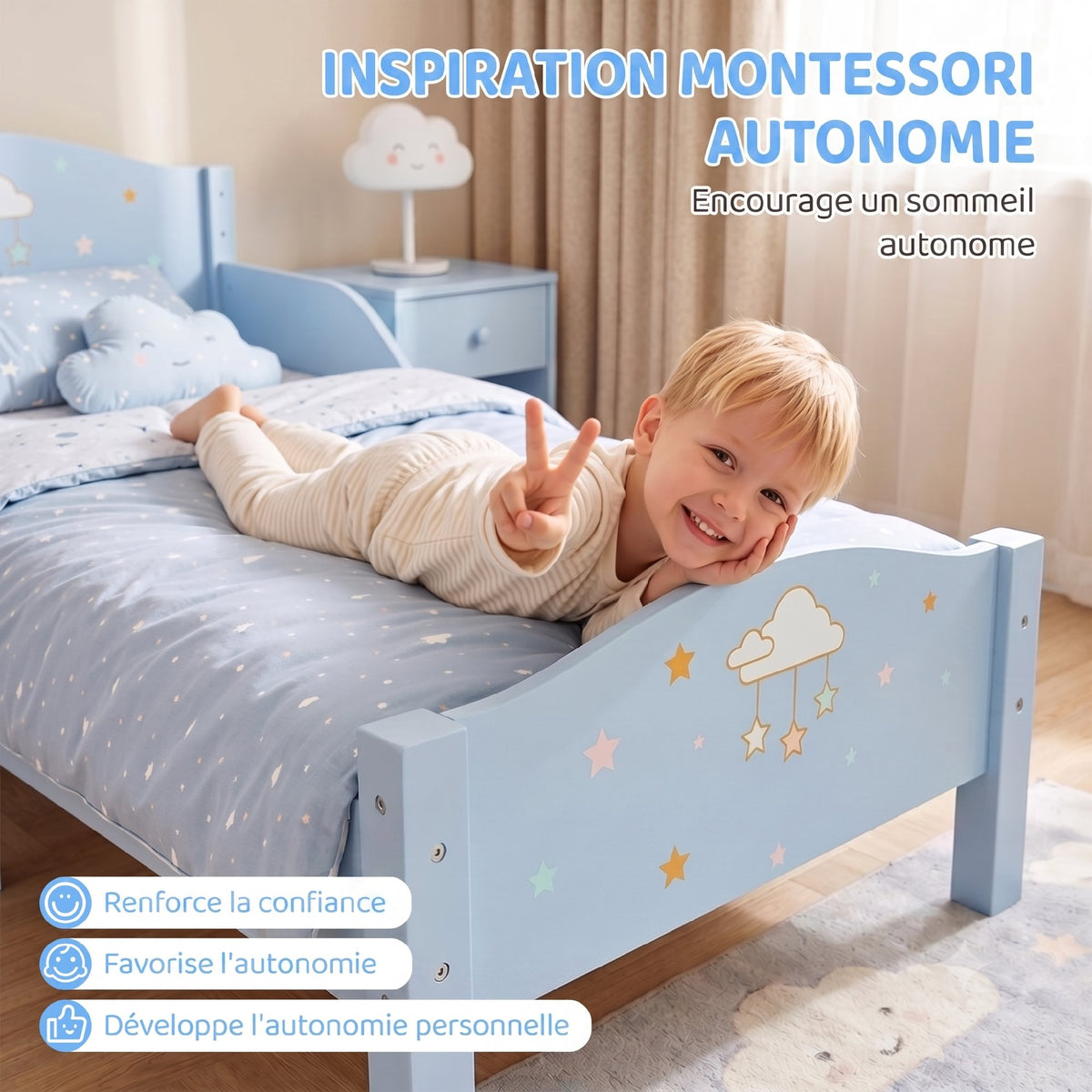 Lit Enfant 70 x 140 cm, Lit pour Enfant avec Barrière de Sécurité et Sommier à Lattes en Bois, Motif Nuage, Bleu-5