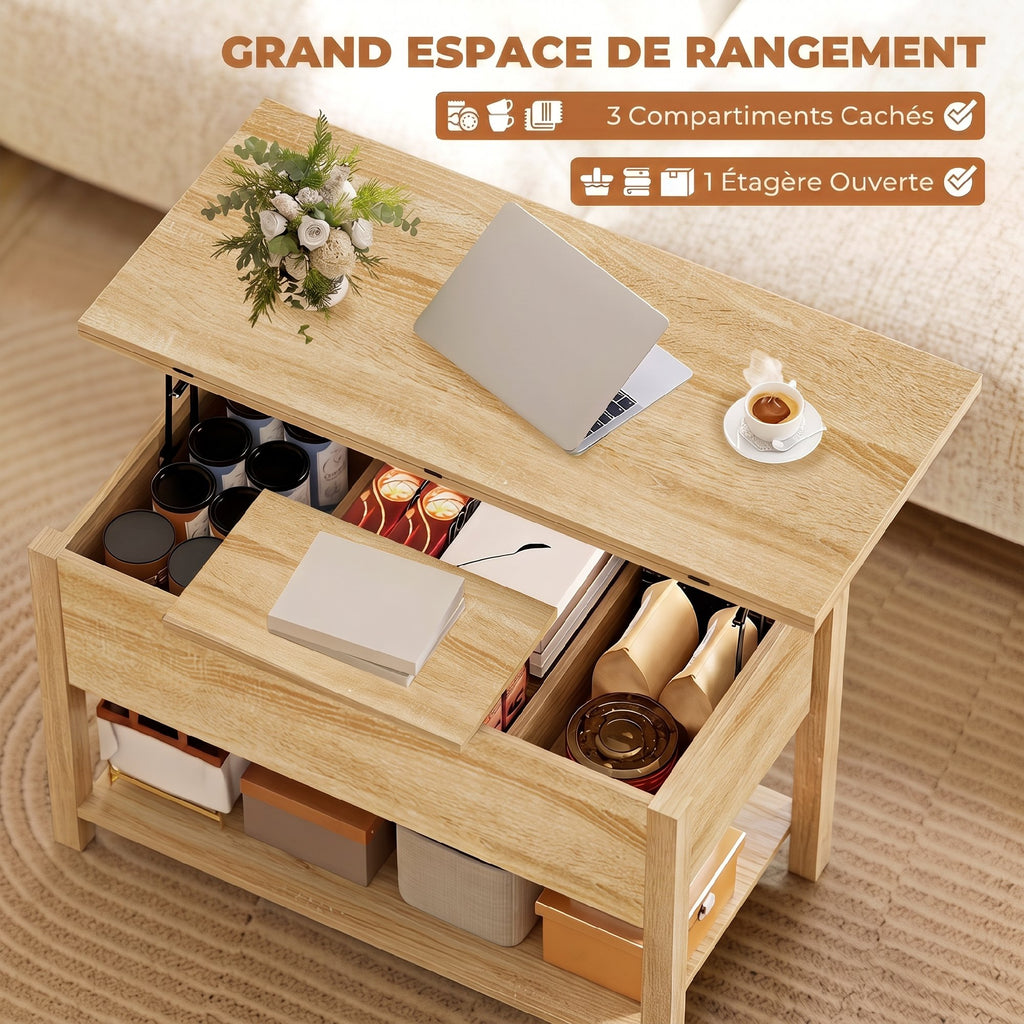 Table basse relevable et extensible table de salon avec compartiment caché étagère ouverte 100x45x50,5cm bois naturel-4
