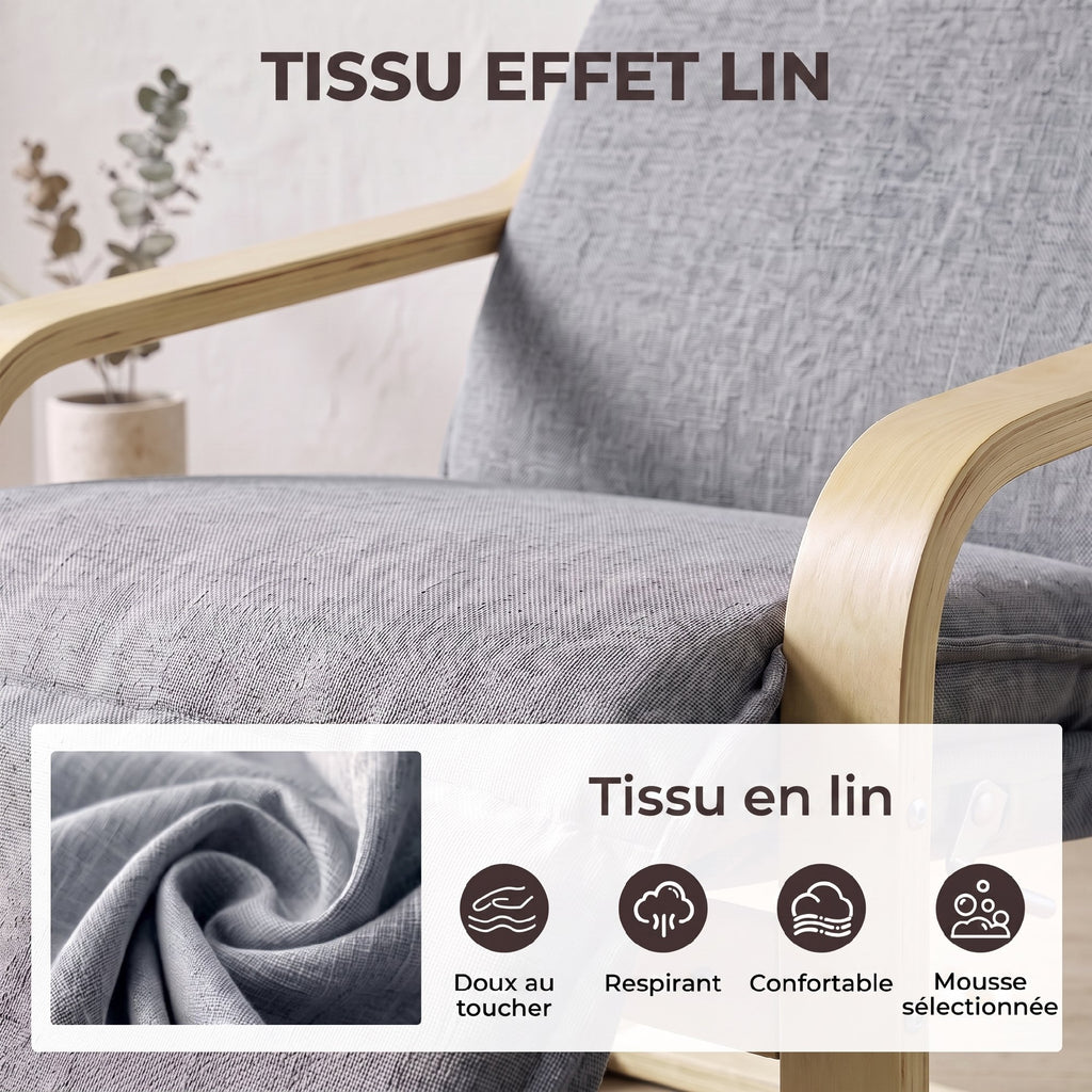 Fauteuil Salon, Fauteuil d'Appoint Rembourré en Lin avec Repose-Pieds, Assise Large, Bascule Douce, Dossier Haut, Gris-5