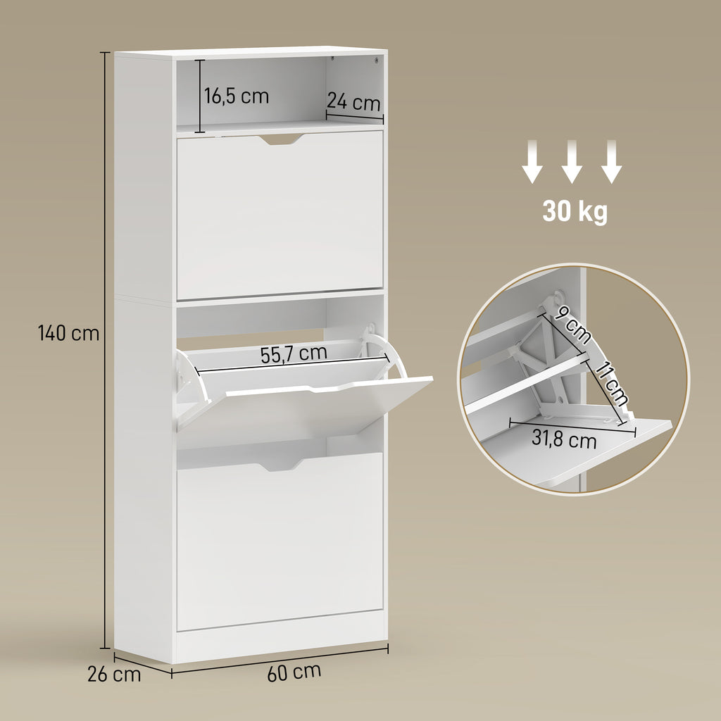 Meuble à chaussures 18 paires, armoire à chaussures étroite, 3 tiroirs rabattables, étagères réglables, blanc-2