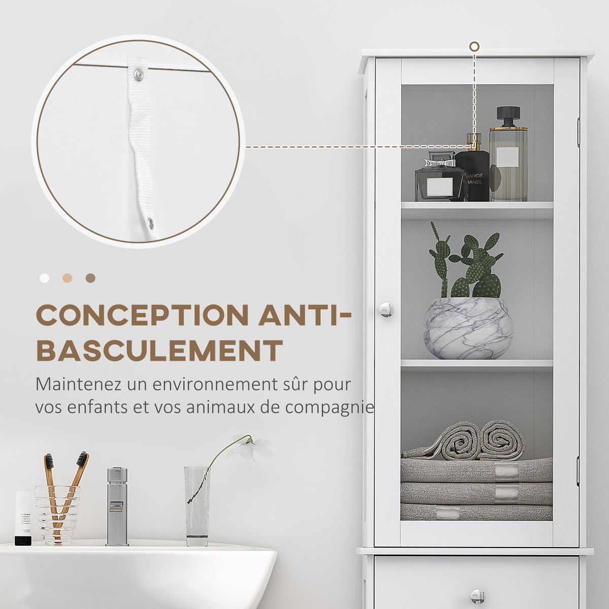 Meuble Colonne de Salle de Bain Placard Porte Acrylique 2 étagères Placard Porte 1 étagère tiroir MDF Blanc-6