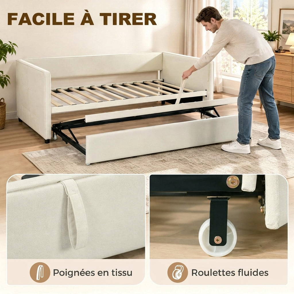 Cadre de lit canapé-lit 2 en 1, canapé 2 places et lit double, deux matelas compatible de 90 x 190 cm-4